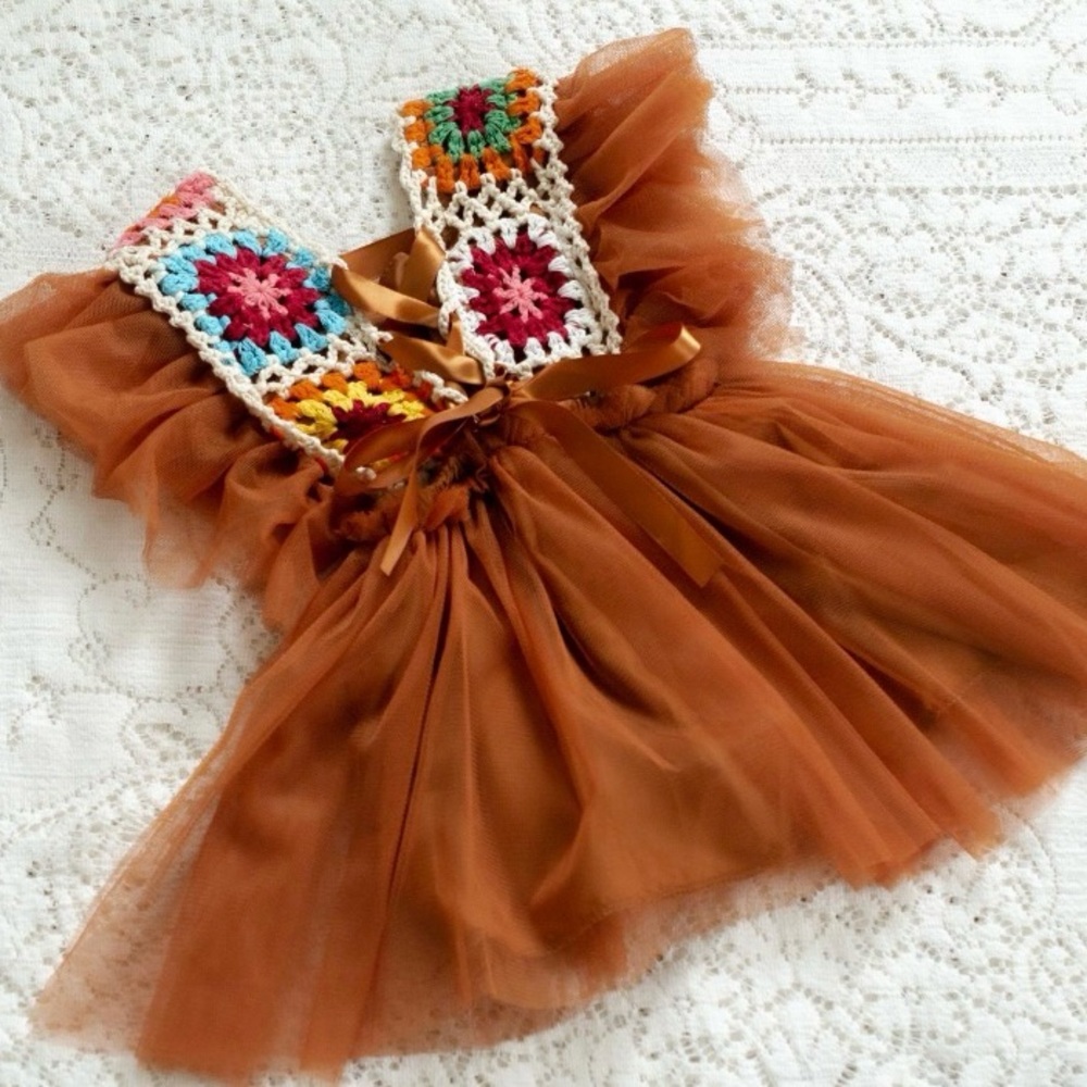 Etsy Bohemian Crochet and Tulle Dress with Granny Patches (9-12m)